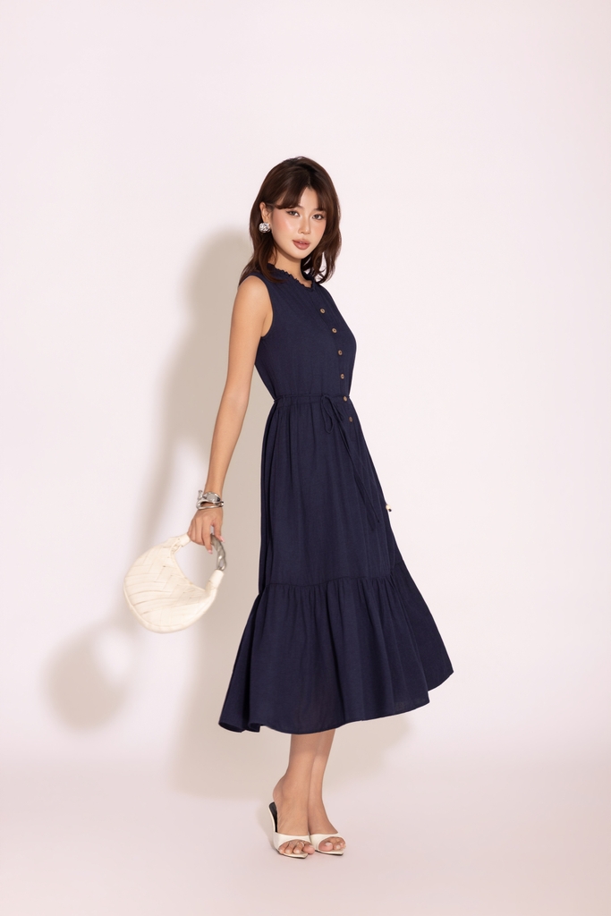 SWANLAKE | Váy Đầm Nữ Dài Đuôi Cá Xòe Sát Nách Vải Linen Hàn Cổ Trụ Cài Nút Công Sở Dạo Phố D13839LW01