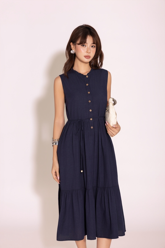 SWANLAKE | Váy Đầm Nữ Dài Đuôi Cá Xòe Sát Nách Vải Linen Hàn Cổ Trụ Cài Nút Công Sở Dạo Phố D13839LW01