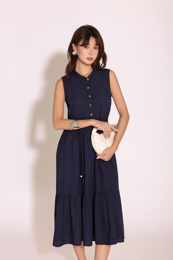 SWANLAKE | Váy Đầm Nữ Dài Đuôi Cá Xòe Sát Nách Vải Linen Hàn Cổ Trụ Cài Nút Công Sở Dạo Phố D13839LW01