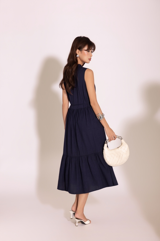 SWANLAKE | Váy Đầm Nữ Dài Đuôi Cá Xòe Sát Nách Vải Linen Hàn Cổ Trụ Cài Nút Công Sở Dạo Phố D13839LW01