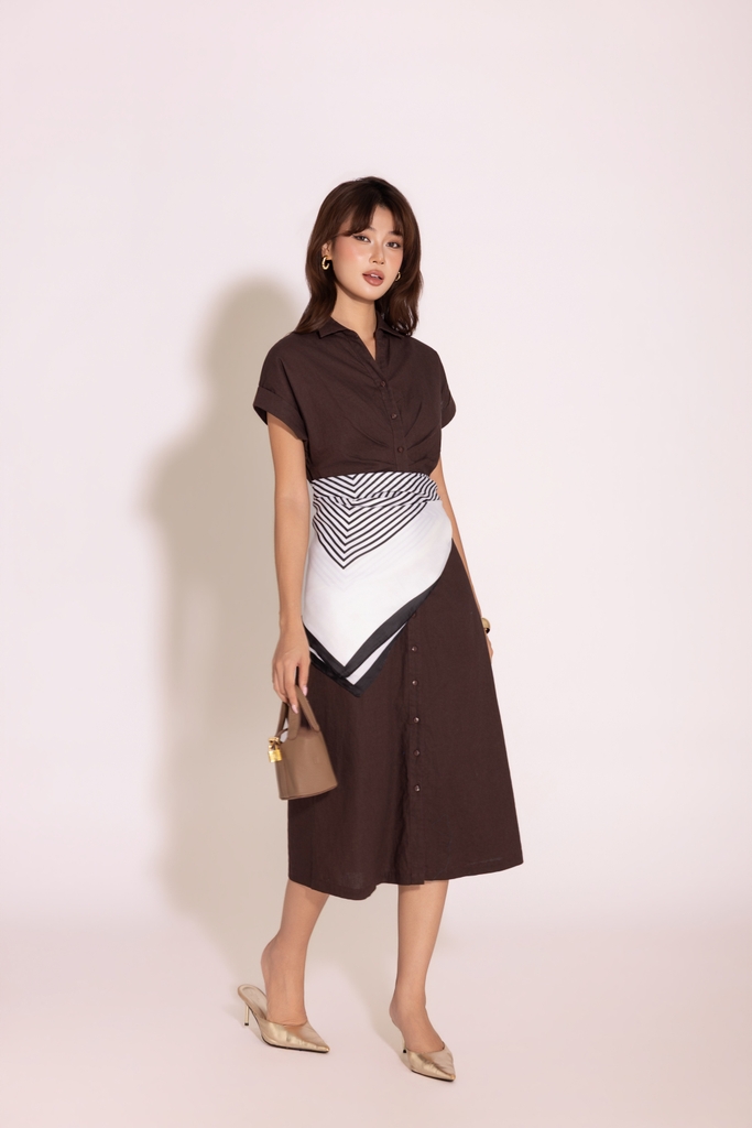 SWANLAKE | Váy Đầm Nữ Sơ Mi Trơn Dáng Dài Vải Linen Tay Ngắn Chiết Eo Công Sở Thanh Lịch D14080LW01