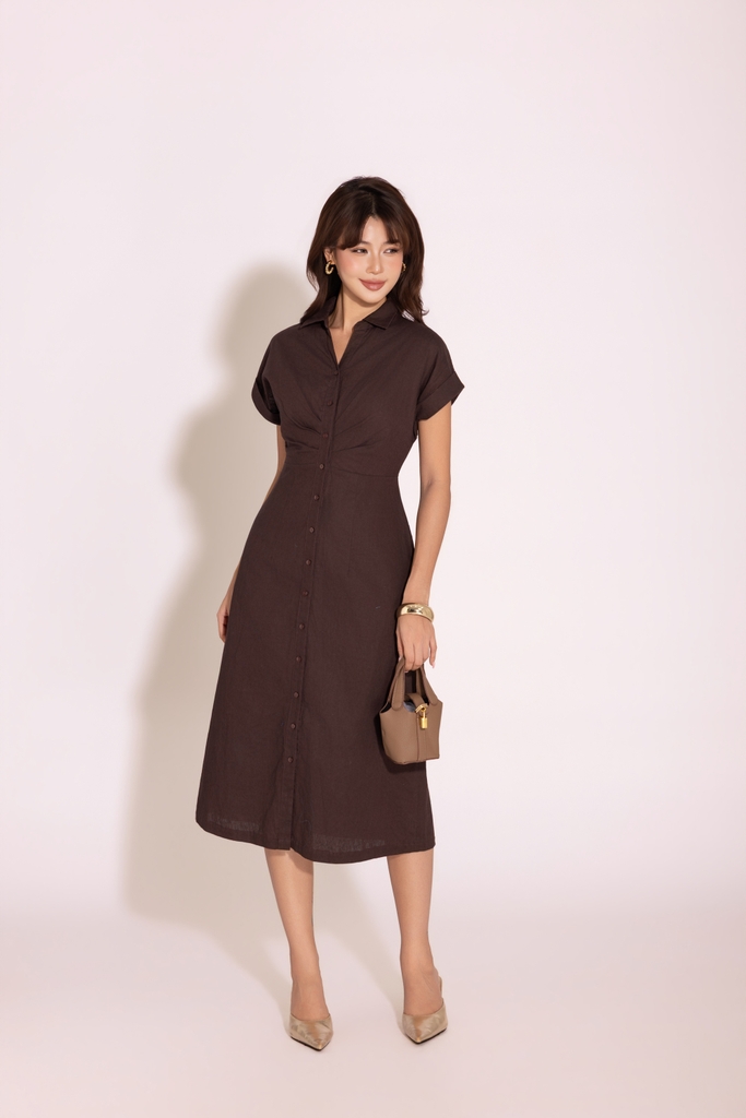 SWANLAKE | Váy Đầm Nữ Sơ Mi Trơn Dáng Dài Vải Linen Tay Ngắn Chiết Eo Công Sở Thanh Lịch D14080LW01