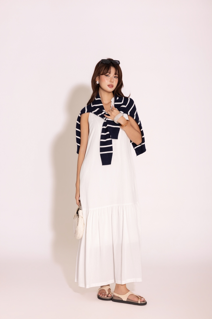 SWANLAKE | Váy Đầm Nữ Dài Suông Đuôi Cá Vải Linen Trơn Cổ Trụ Xẻ V Cài Nút Sát Nách Dạo Phố D13912LW02