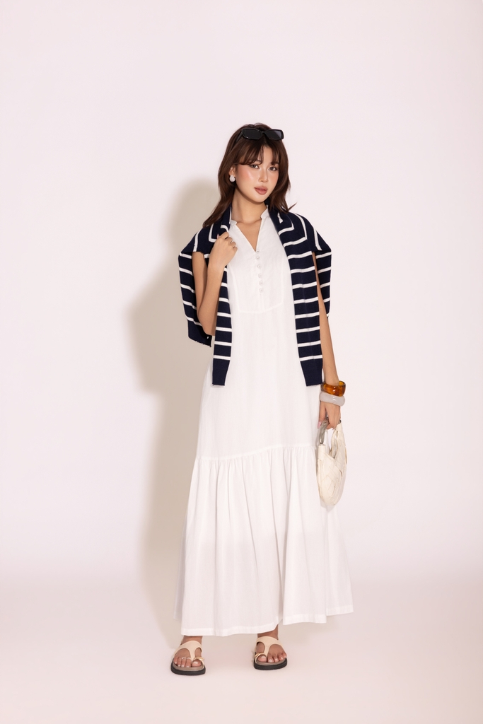 SWANLAKE | Váy Đầm Nữ Dài Suông Đuôi Cá Vải Linen Trơn Cổ Trụ Xẻ V Cài Nút Sát Nách Dạo Phố D13912LW02