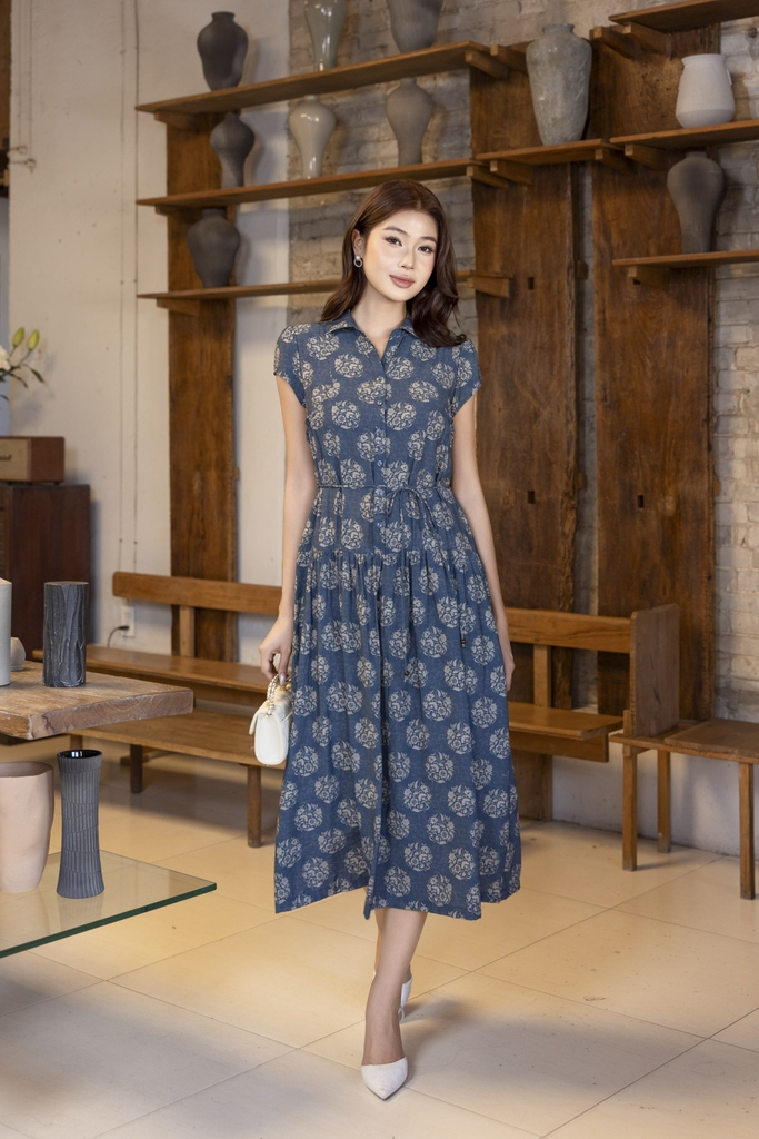 SWANLAKE | Váy Đầm Sơ Mi Nữ Tay Ngắn Dây Thắt Eo Chất Vải Tơ Hoa Công Sở Thanh Lịch D13487LW01