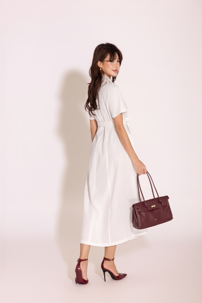 SWANLAKE | Váy Đầm Nữ Sơ Mi Suông Trơn Cài Nút Vải Linen Tay Ngắn Dây Thắt Eo Công Sở D12990LW04