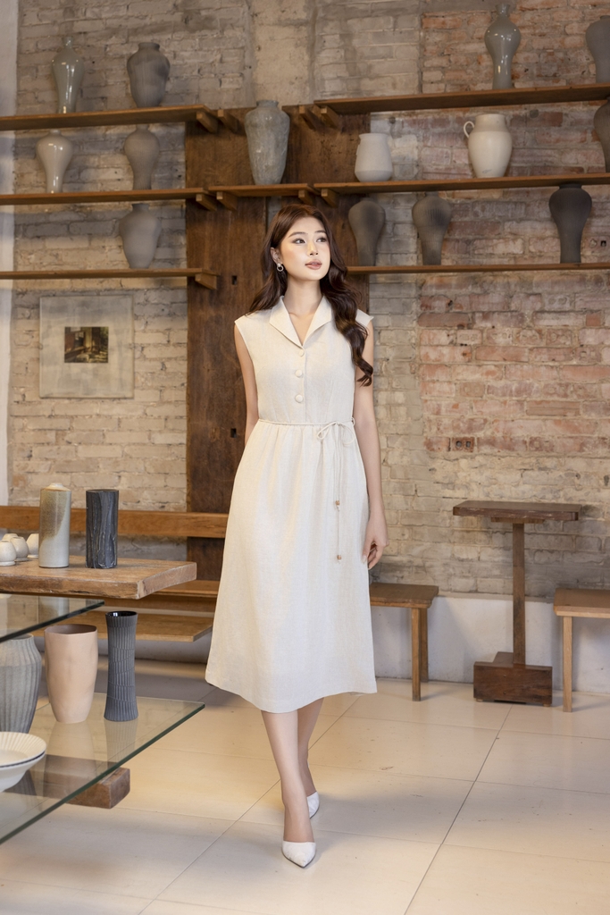 SWANLAKE | Váy Đầm Nữ Midi Sát Nách Cổ Sơ Mi Dây Thắt Eo Vải Linen Cao Cấp Thanh Lịch D13472LW01