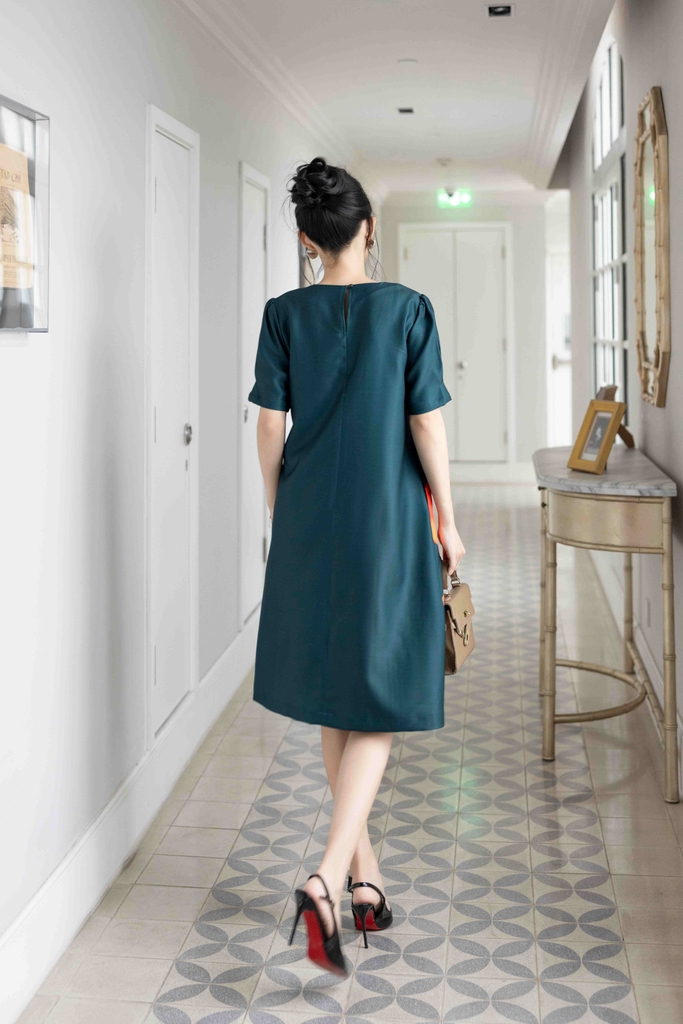 SWANLAKE | Váy Đầm Nữ Suông Cổ Tròn Vải Lụa Taffeta Dày In Hoa Tay Ngắn Sang Trọng Đi Tiệc D13086LW02