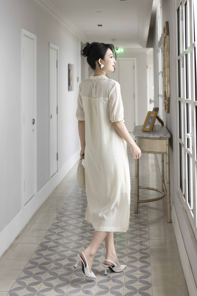 Váy Đầm Nữ Tay Ngắn Cổ Sơ Mi Vải Tơ Phối Ren Sọc Ngang Có Túi Công Dở Dạo Phố D13017LW01