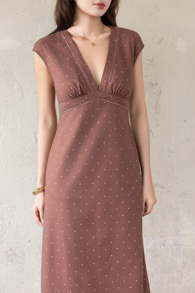 SWANLAKE | Váy Đầm Nữ Dài Dáng Suông Tay Hến Cổ Chữ V Xẻ Sâu Vải Linen Chấm Bi Dạo Phố Hè D13862LW02