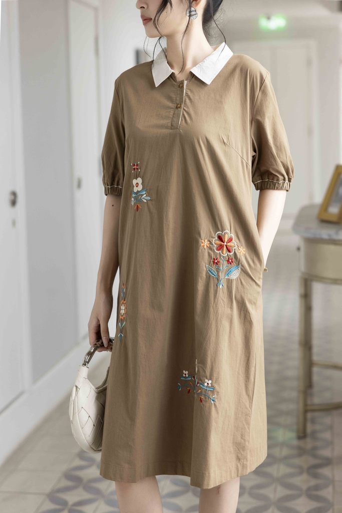 Váy Đầm Nữ Suông Vải Cotton Thêu Hoa Cổ Sơ Mi Tay Ngắn Phồng Công Sở Thanh Lịch D13077LW01