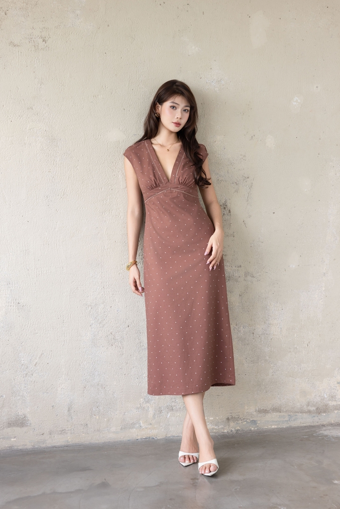 SWANLAKE | Váy Đầm Nữ Dài Dáng Suông Tay Hến Cổ Chữ V Xẻ Sâu Vải Linen Chấm Bi Dạo Phố Hè D13862LW02