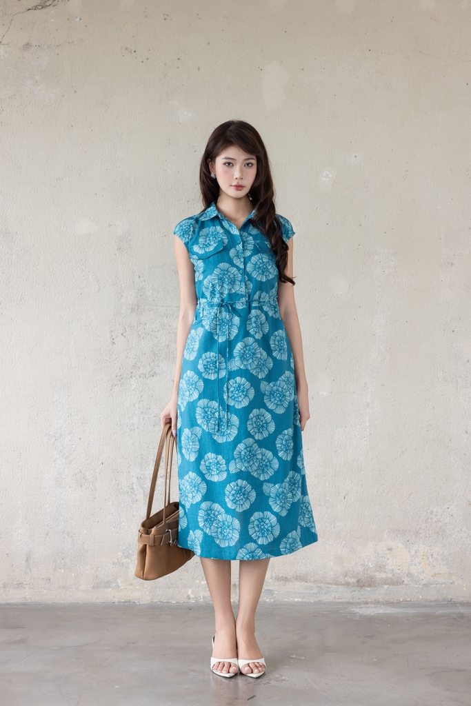 SWANLAKE | Váy Đầm Nữ Dáng Suông Cổ Sơ Mi Vải Linen In Hoa Tay Hến Có Túi Dây Thắt Eo Công Sở D13644LW02