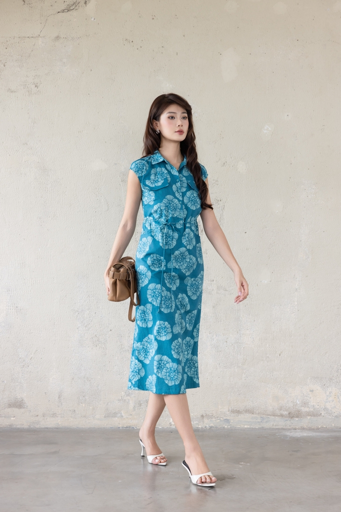 SWANLAKE | Váy Đầm Nữ Dáng Suông Cổ Sơ Mi Vải Linen In Hoa Tay Hến Có Túi Dây Thắt Eo Công Sở D13644LW02