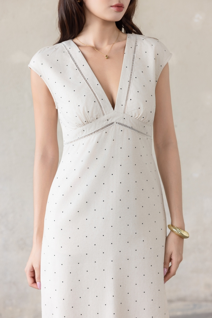 SWANLAKE | Váy Đầm Nữ Dài Dáng Suông Tay Hến Cổ Chữ V Xẻ Sâu Vải Linen Chấm Bi Dạo Phố Hè D13862LW02