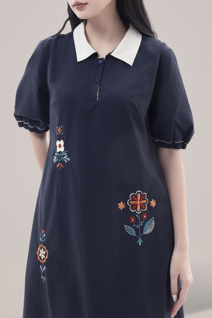 Váy Đầm Nữ Suông Vải Cotton Thêu Hoa Cổ Sơ Mi Tay Ngắn Phồng Công Sở Thanh Lịch D13077LW01