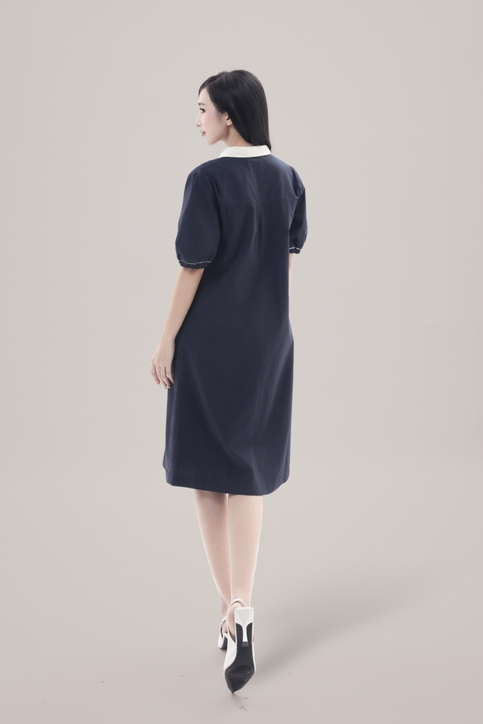 Váy Đầm Nữ Suông Vải Cotton Thêu Hoa Cổ Sơ Mi Tay Ngắn Phồng Công Sở Thanh Lịch D13077LW01