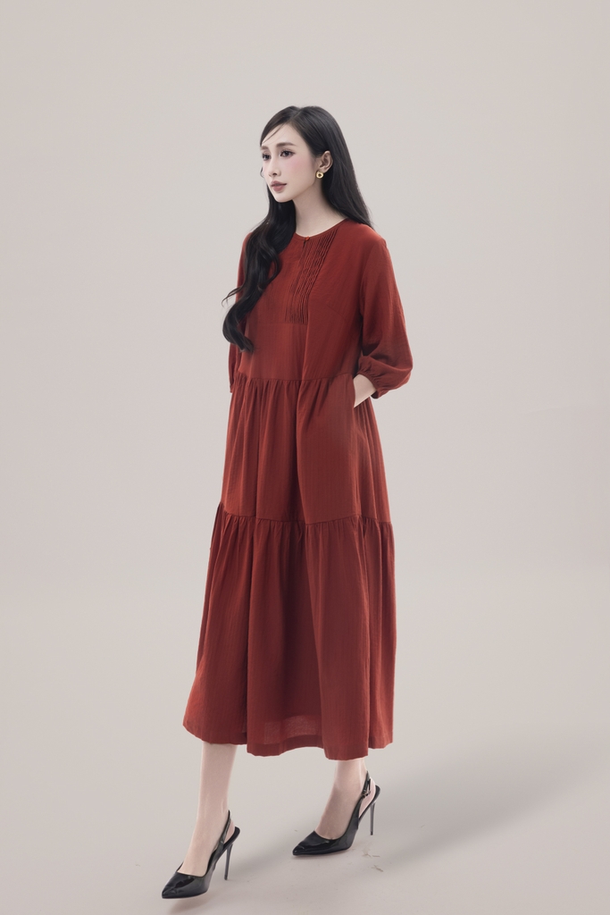 Váy Đầm Nữ Maxi Đuôi Cá Xếp Tầng Tay Lỡ Cổ Tròn Vải Xô Tăm Dự Tiệc Công Sở D13051LW01