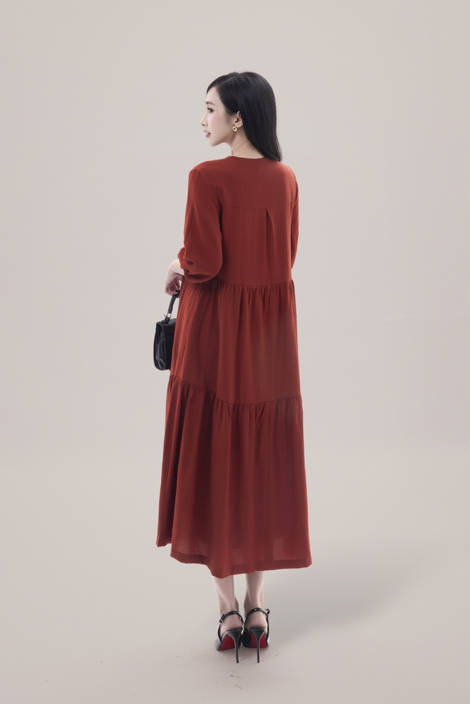 Váy Đầm Nữ Maxi Đuôi Cá Xếp Tầng Tay Lỡ Cổ Tròn Vải Xô Tăm Dự Tiệc Công Sở D13051LW01