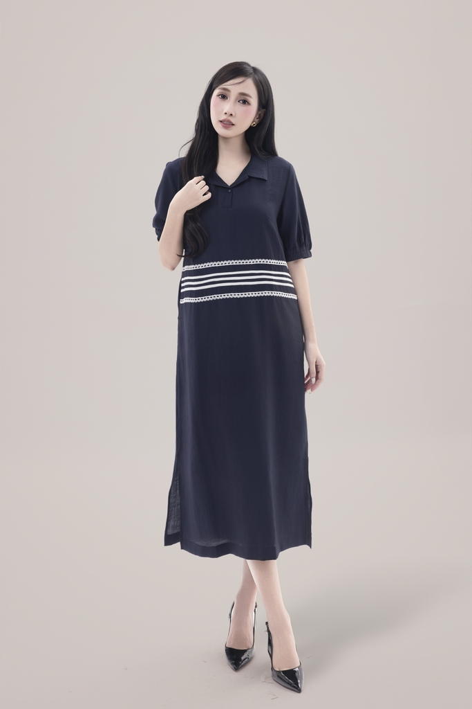 Váy Đầm Nữ Tay Ngắn Cổ Sơ Mi Vải Tơ Phối Ren Sọc Ngang Có Túi Công Dở Dạo Phố D13017LW01