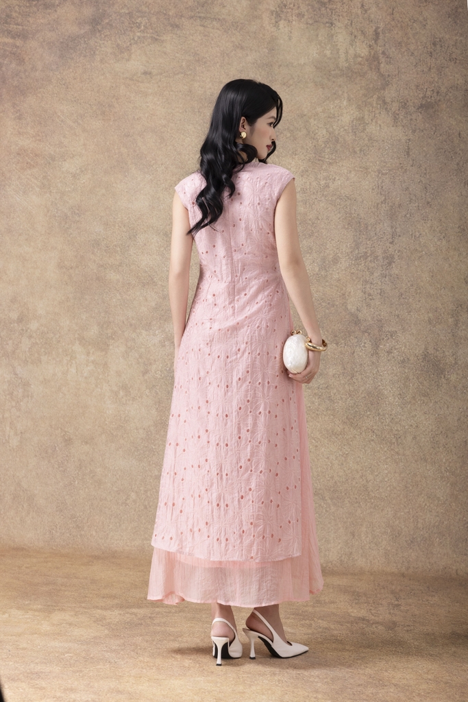 SWANLAKE | Váy Đầm Maxi Đuôi Cá Nữ Cotton Thêu Đục Lỗ Phối Tơ Dập Ly Nhấn Eo Sát Nách Tiệc D13146LW01