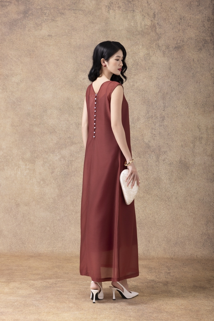 SWANLAKE | Váy Đầm Nữ Maxi Suông Sát Nách Cổ Tròn Vải Tơ Lót Lụa Trơn Cài Nút Sau Đi Tiệc D13152LW01