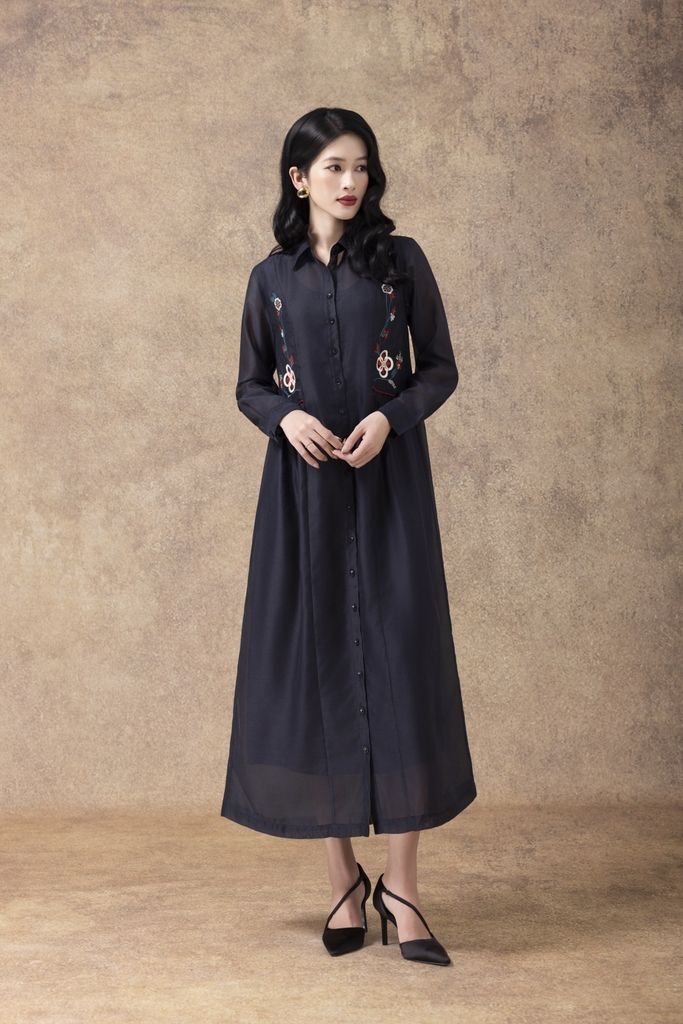 SWANLAKE | Váy Đầm Sơ Mi Nữ Suông Vải Tơ Lót Lụa Thêu Hoa Cao Cấp Tay Dài Công Sở Thanh Lịch D13096LW01