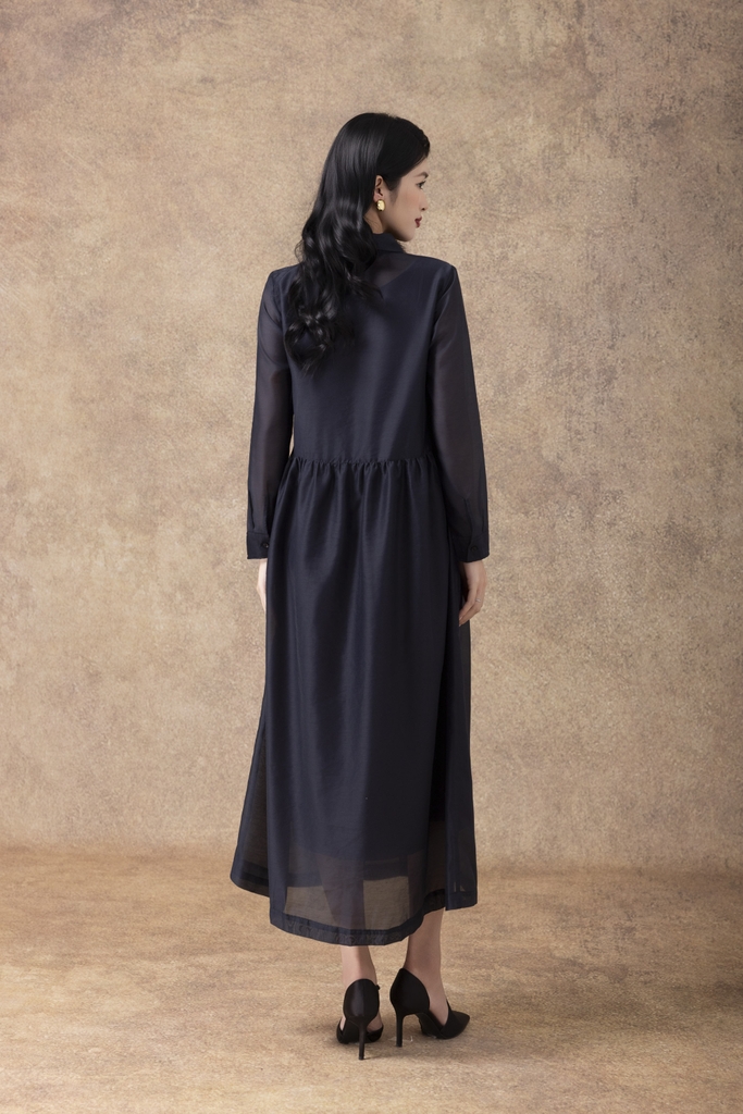 SWANLAKE | Váy Đầm Sơ Mi Nữ Suông Vải Tơ Lót Lụa Thêu Hoa Cao Cấp Tay Dài Công Sở Thanh Lịch D13096LW01