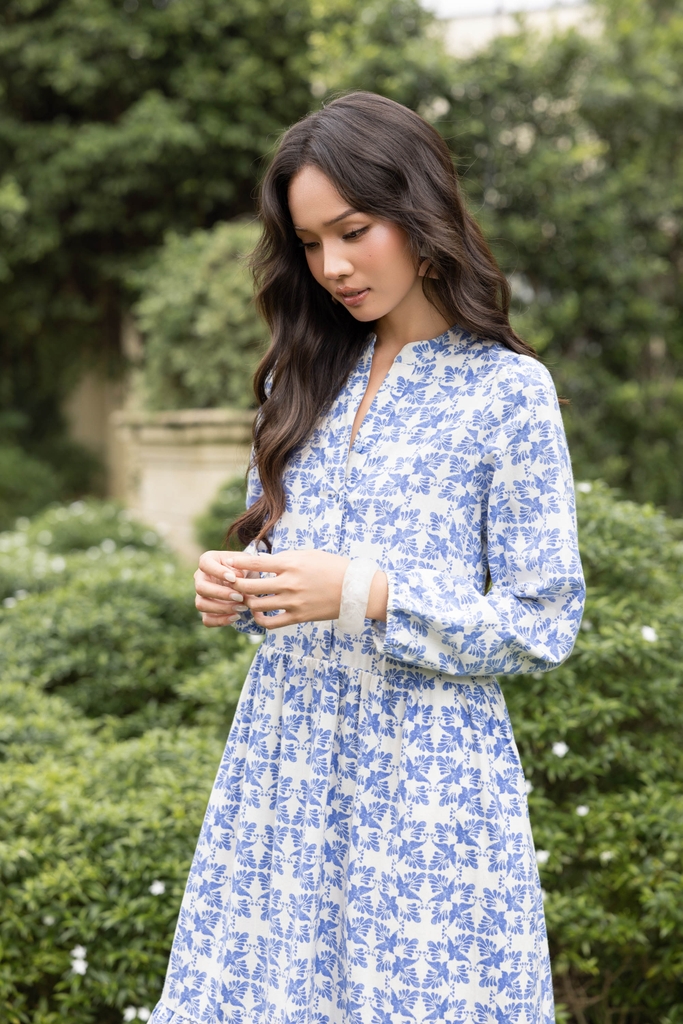 SWANLAKE | Váy Đầm Nữ Suông Maxi Đuôi Cá Xòe Vải Linen Bông Cổ Trụ Xẻ Tay Dài Du Lịch Biển D12394LW13