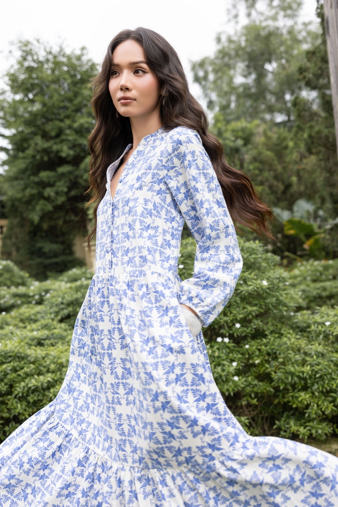 SWANLAKE | Váy Đầm Nữ Suông Maxi Đuôi Cá Xòe Vải Linen Bông Cổ Trụ Xẻ Tay Dài Du Lịch Biển D12394LW13