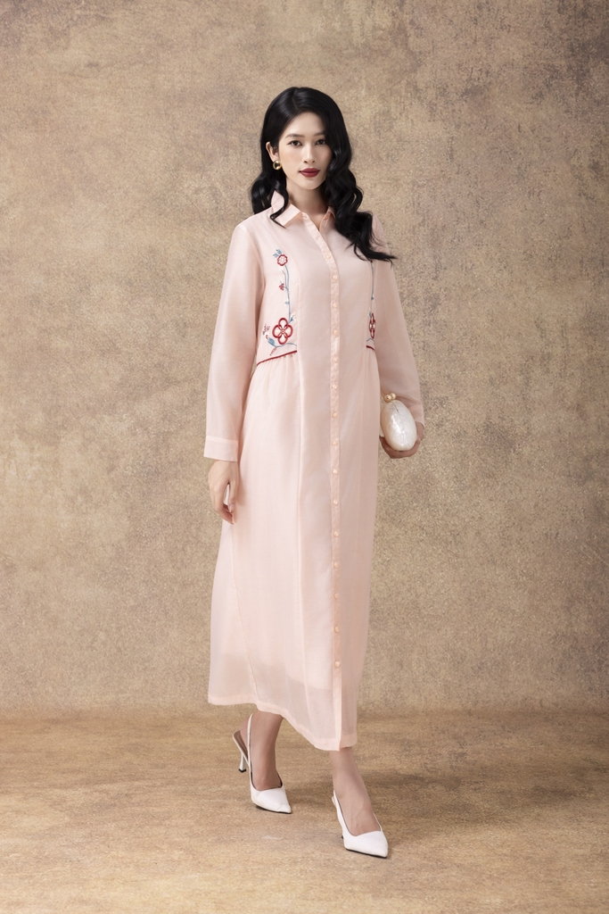 SWANLAKE | Váy Đầm Sơ Mi Nữ Suông Vải Tơ Lót Lụa Thêu Hoa Cao Cấp Tay Dài Công Sở Thanh Lịch D13096LW01