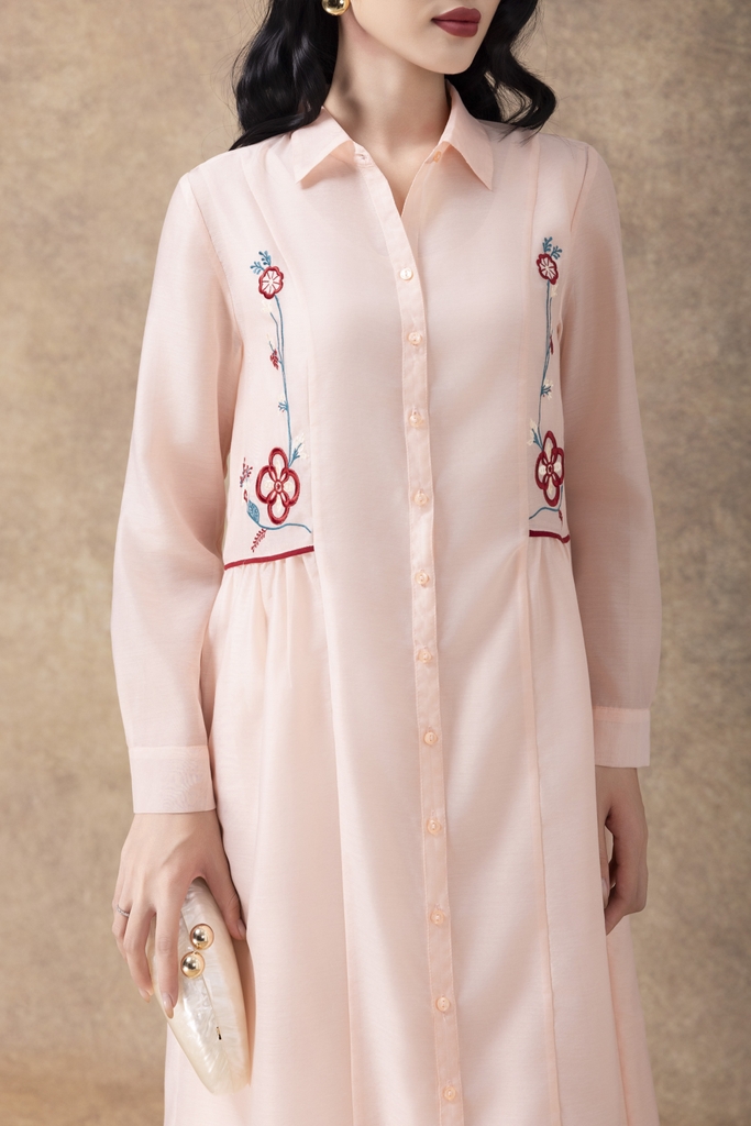 SWANLAKE | Váy Đầm Sơ Mi Nữ Suông Vải Tơ Lót Lụa Thêu Hoa Cao Cấp Tay Dài Công Sở Thanh Lịch D13096LW01