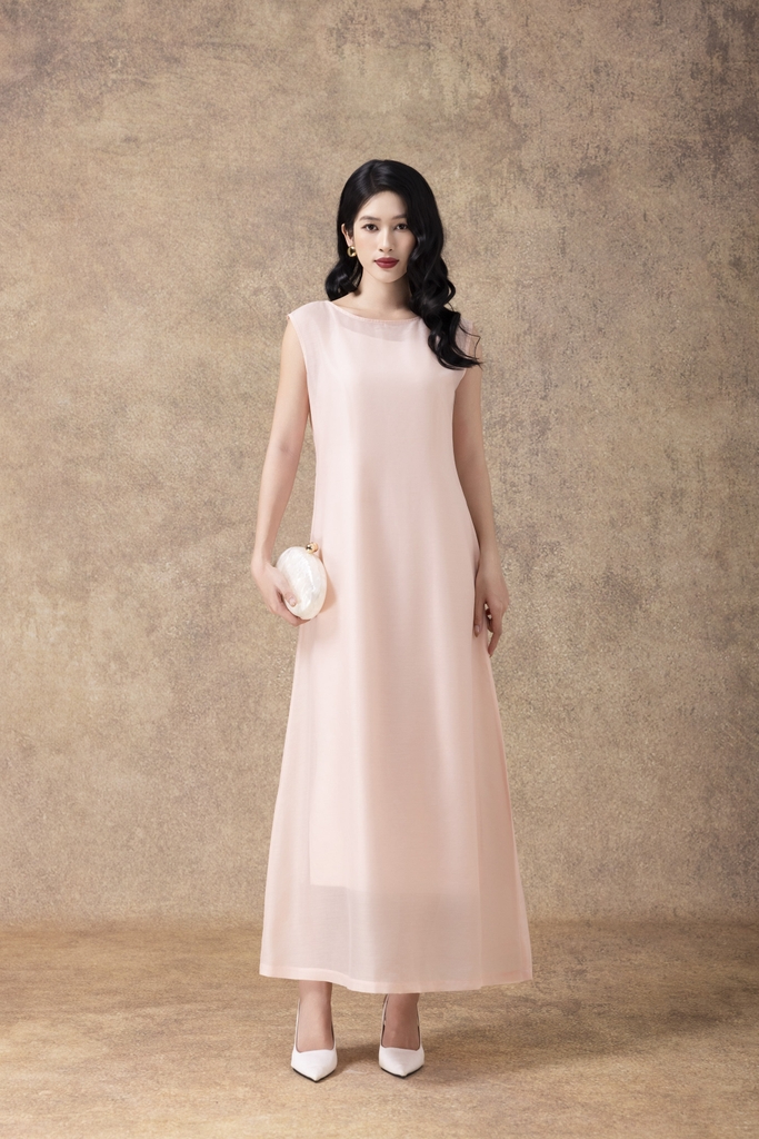 SWANLAKE | Váy Đầm Nữ Maxi Suông Sát Nách Cổ Tròn Vải Tơ Lót Lụa Trơn Cài Nút Sau Đi Tiệc D13152LW01