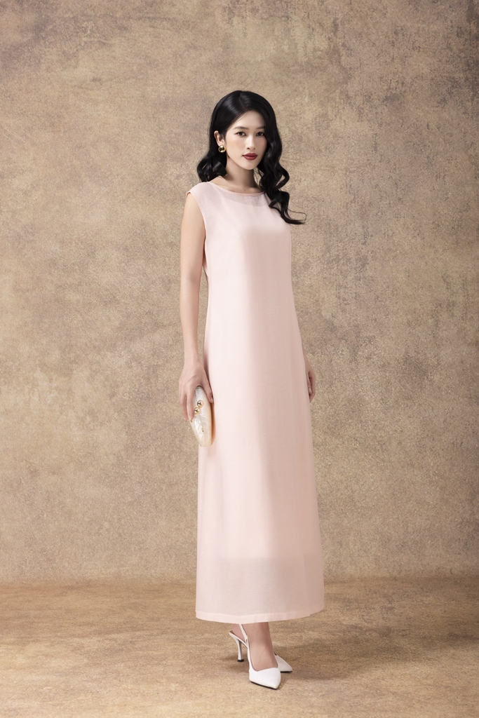 SWANLAKE | Váy Đầm Nữ Maxi Suông Sát Nách Cổ Tròn Vải Tơ Lót Lụa Trơn Cài Nút Sau Đi Tiệc D13152LW01