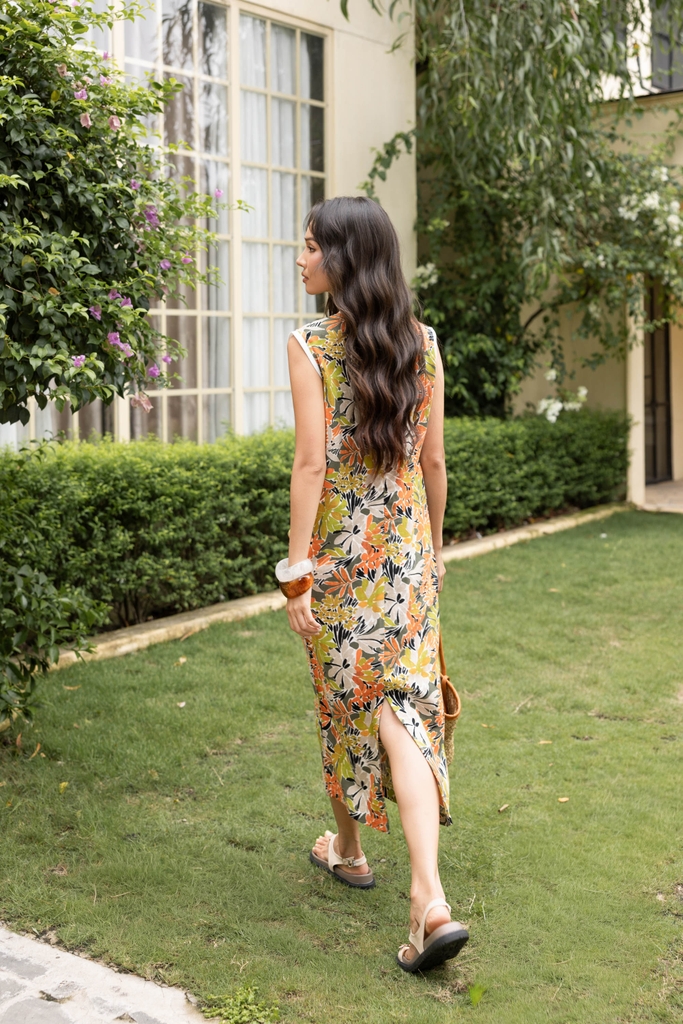 SWANLAKE | Váy Đầm Nữ Suông Maxi Sát Nách Xẻ Tà Cổ Tròn Thun In Hoạ Tiết Hè Vải Linen Công Sở D12632LW03