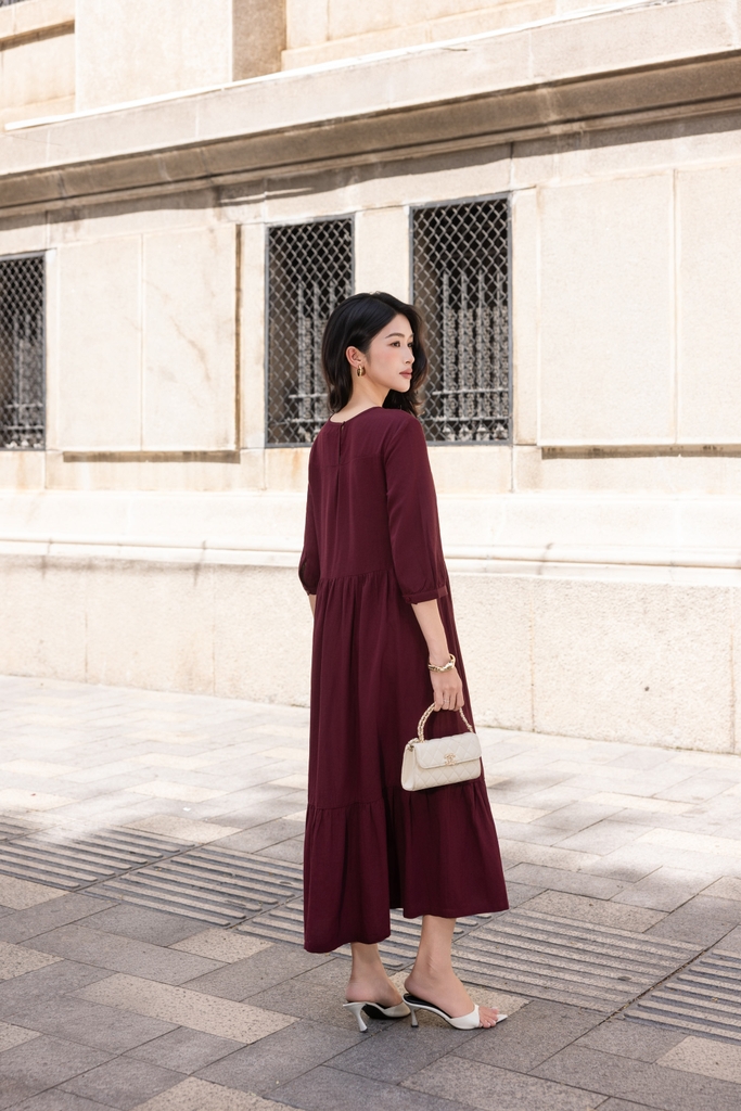 SWANLAKE | Váy Đầm Nữ Maxi Đuôi Cá Xòe Vải Linen Hàn Thêu Hoa Cổ Tròn Tay Lỡ Dây Thắt Eo D13700LW01