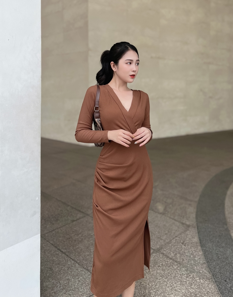 Đầm Phom Suông Xếp ly Tay Dài Thun Gân Swanlake - D10536LW01