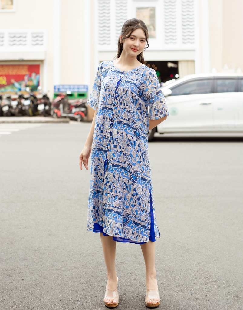 Đầm 2 Lớp Cổ Nẹp Vải Tơ Bông Swanlake - D11030LW01