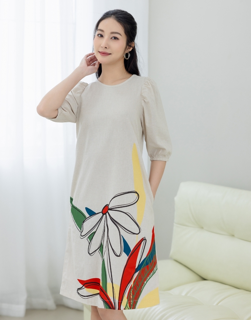 Đầm Phom A Linen In Hoa Swanlake - D11077LW01