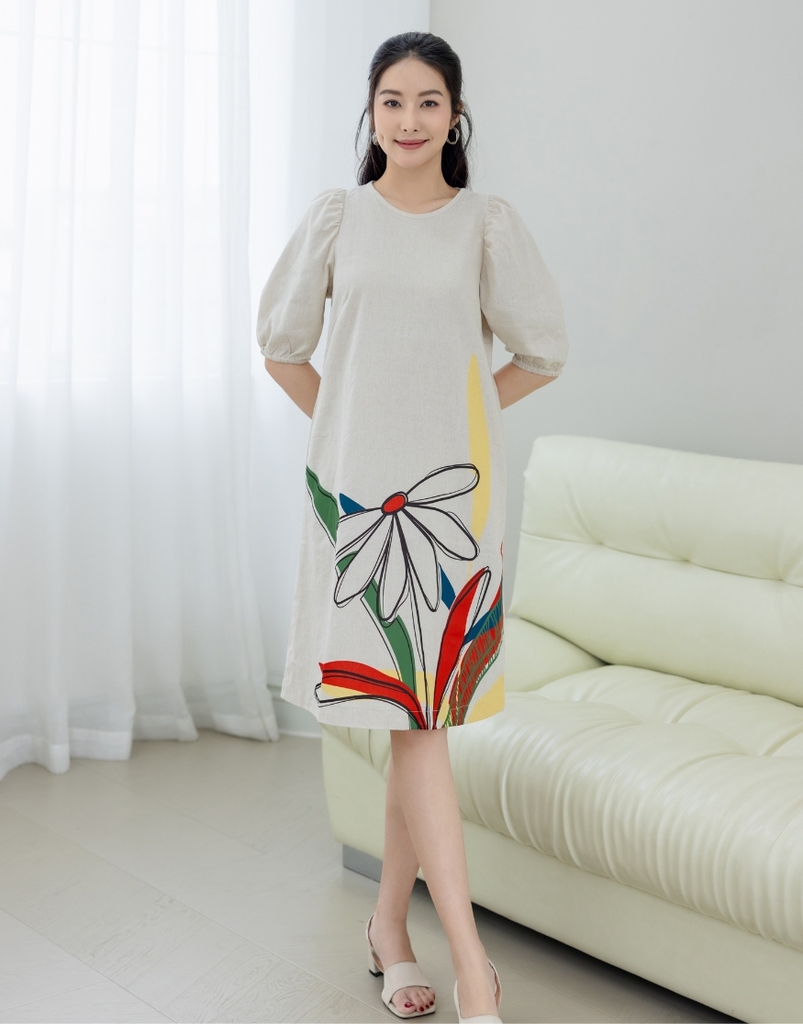 Đầm Phom A Linen In Hoa Swanlake - D11077LW01