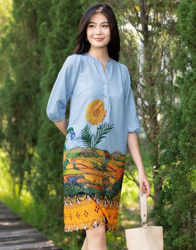 Đầm Cổ Trụ Lụa Linen Bông Suông Xanh Trời Swanlake - D11086LW03