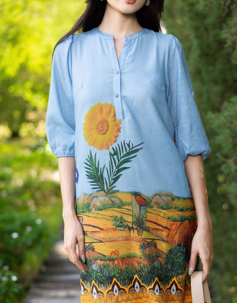 Đầm Cổ Trụ Lụa Linen Bông Suông Xanh Trời Swanlake - D11086LW03