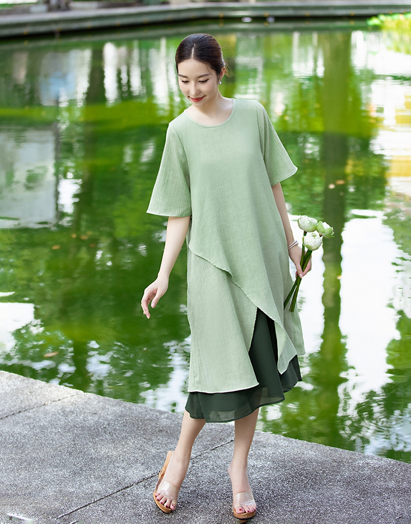 Đầm A Vải Lụa Xốp Phối Chiffon Swanlake - D11195LW01