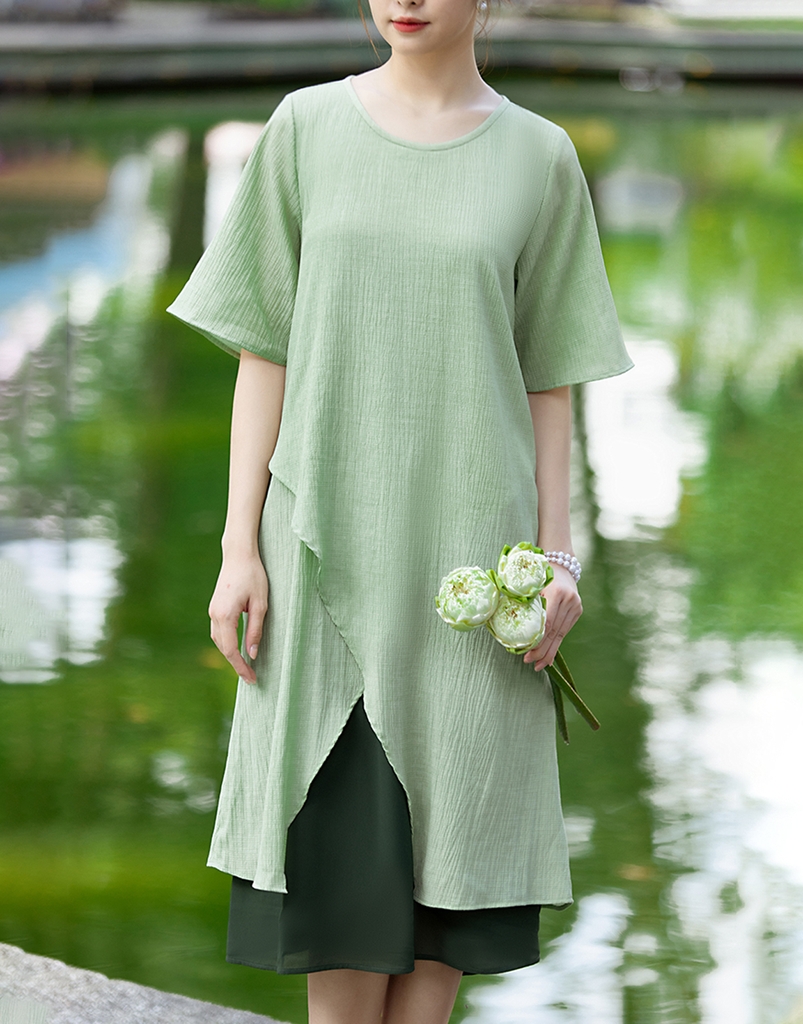 Đầm A Vải Lụa Xốp Phối Chiffon Swanlake - D11195LW01