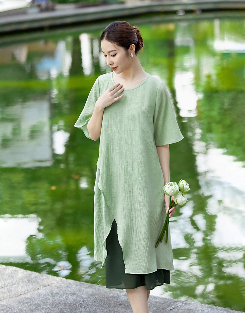 Đầm A Vải Lụa Xốp Phối Chiffon Swanlake - D11195LW01