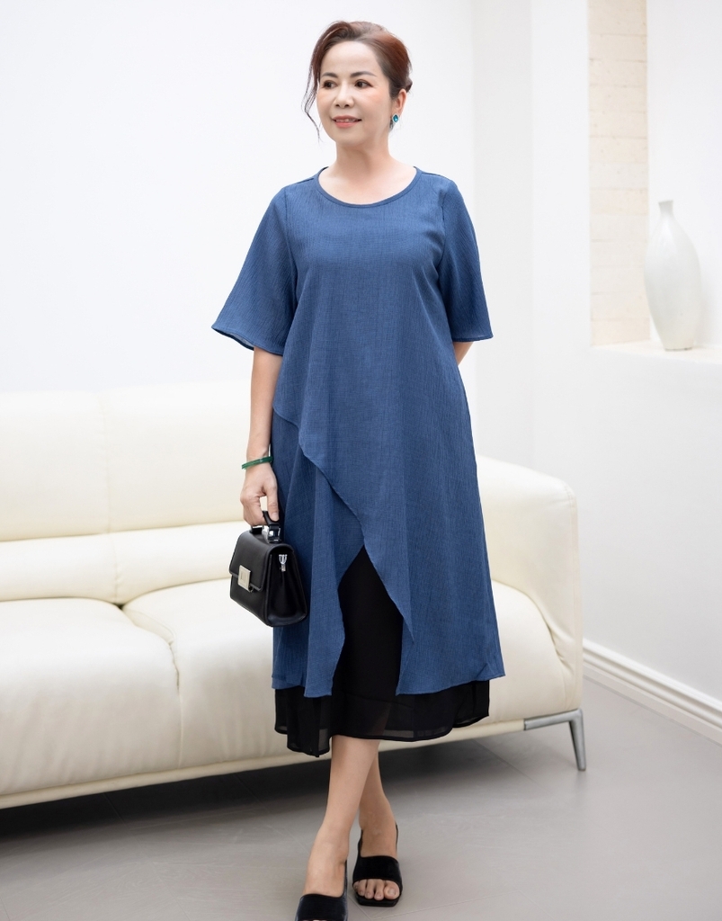 Đầm A Vải Lụa Xốp Phối Chiffon Swanlake - D11195LW01