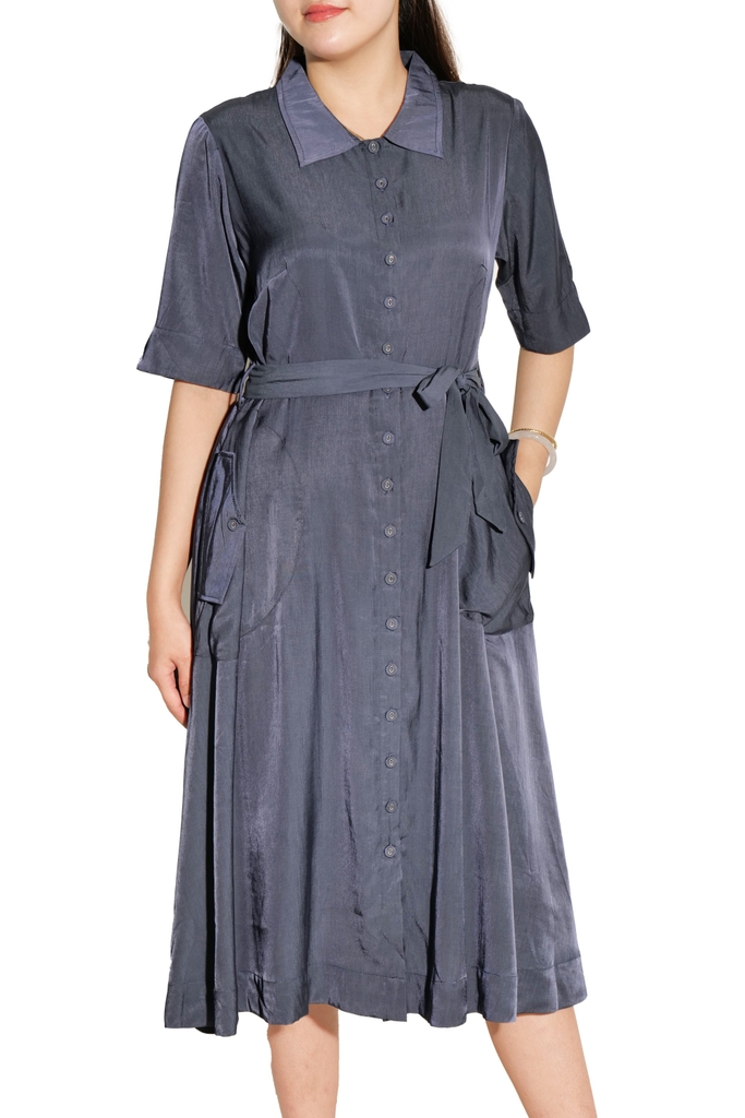 Đầm Sơ Mi Vải Lụa Thắt Eo Swanlake - D11255LW01