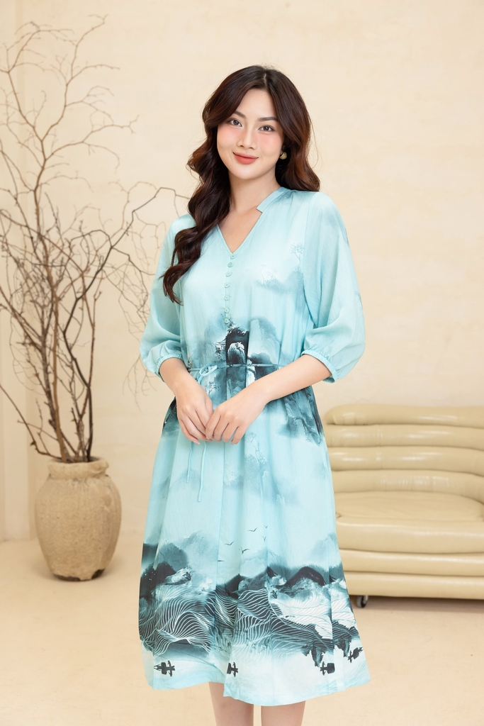 Đầm Thêu Chất Liệu Đũi Bông Có Dây Cột Eo Swanlake - D11435LW01