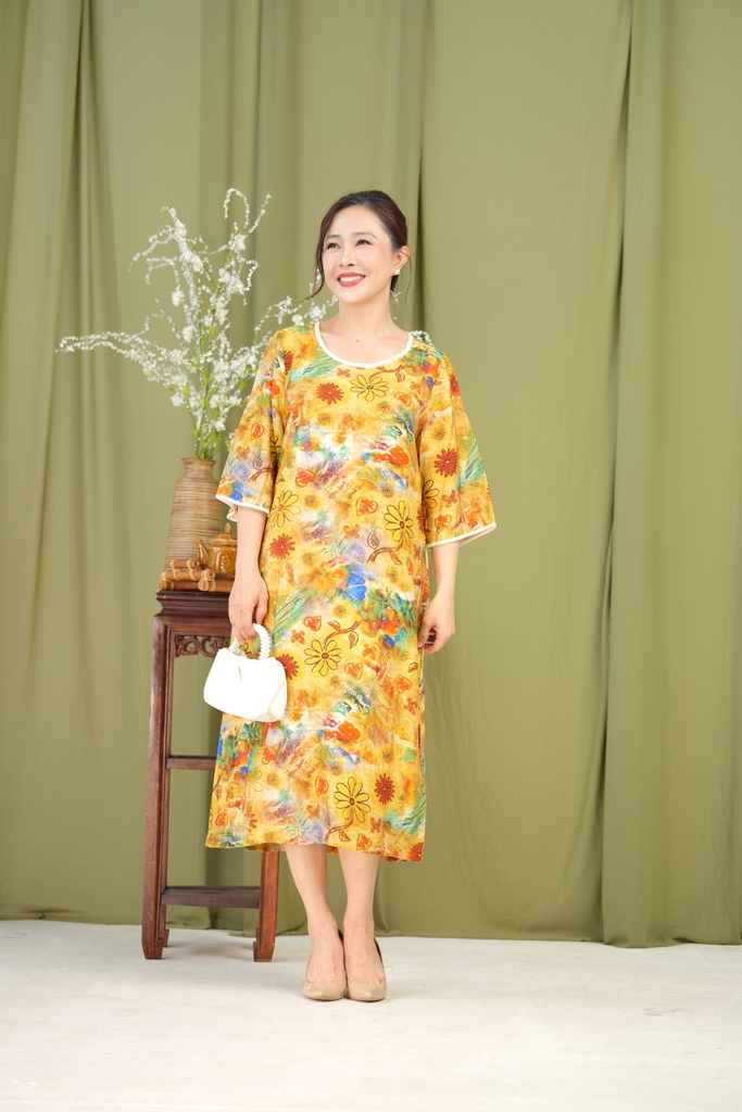 M-Collection - Đầm Hoa Cổ Tròn Đính Ngọc Trai Chất Đũi Hàn - D11573LW02