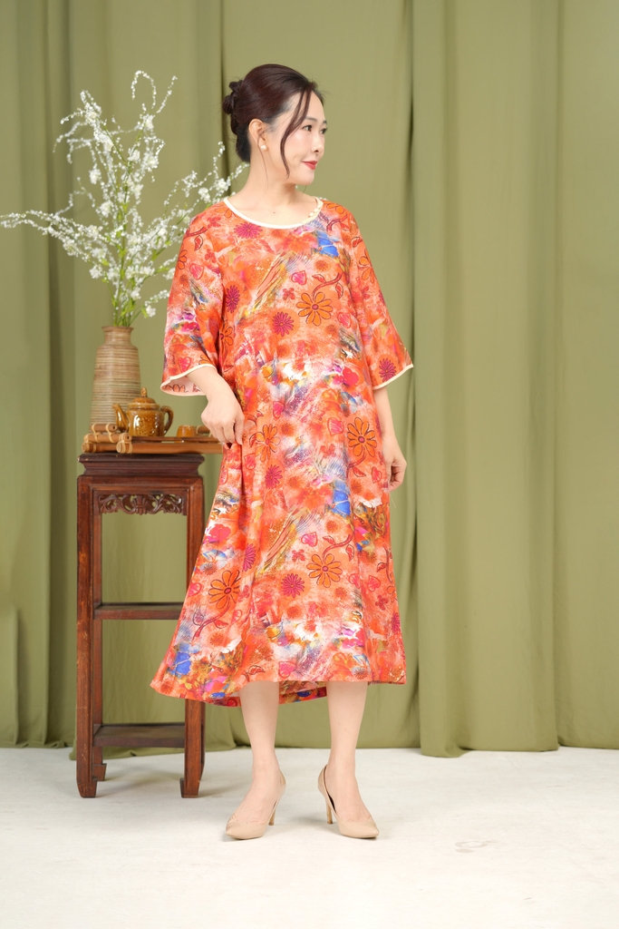 M-Collection - Đầm Hoa Cổ Tròn Đính Ngọc Trai Chất Đũi Hàn - D11573LW02